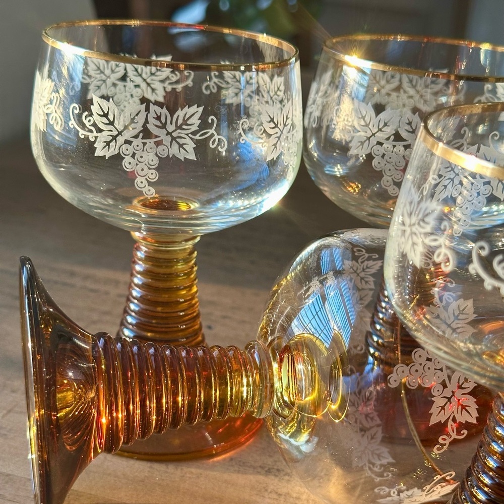 4 Vintage Etched Wine Goblets Amber Stems European Floral Glassware Set